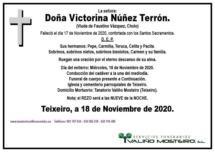 Esquela de Victorina Núñez Terrón.